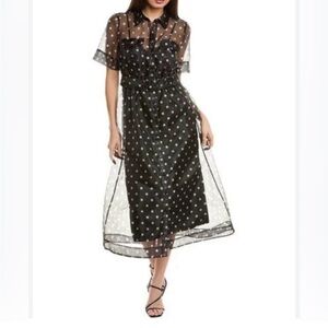 Anne Klein | Black and White Sheer Gossamer Polka Dot Belted Tea Shirt Dress 16